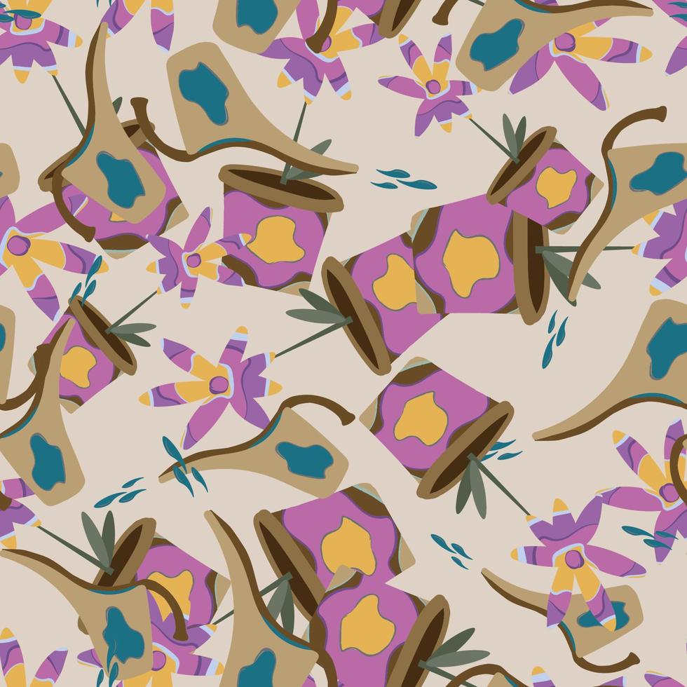 Seamless pattern with flowers in pots and watering cans for watering flowers. vector