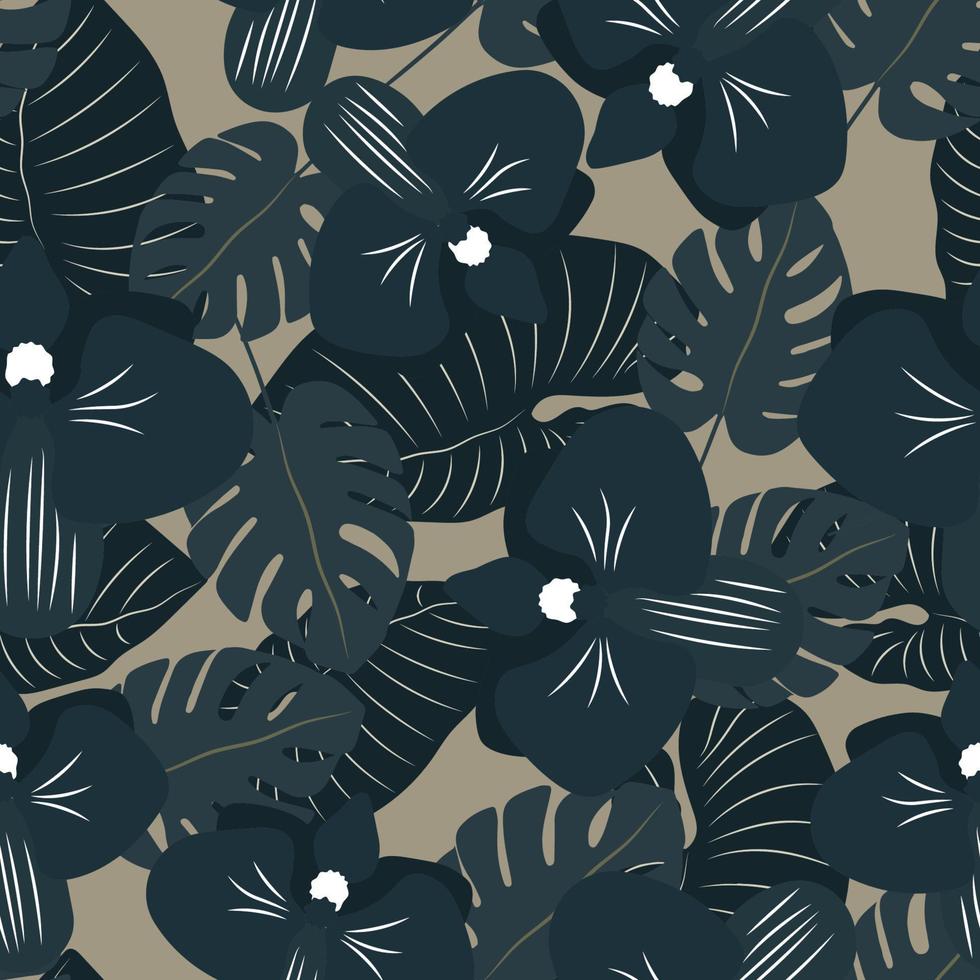 Seamless background with orchids and palm leaves. Tropics. Vector. vector