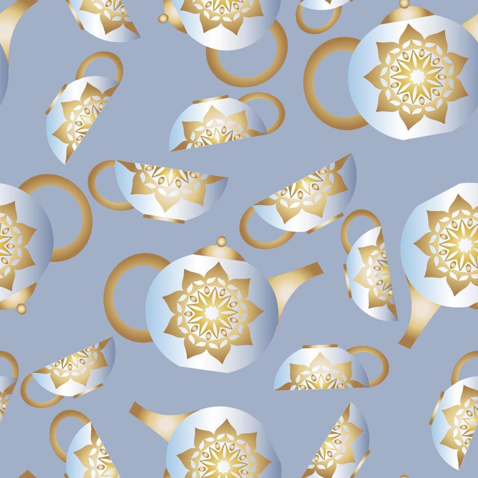 Seamless background with a teapot and cups, flowers vector