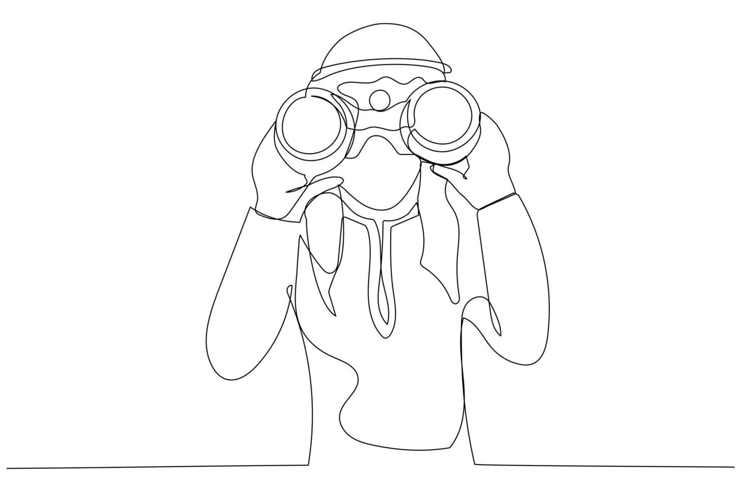 Drawing of young arab businessman using binoculars. Single line art style vector