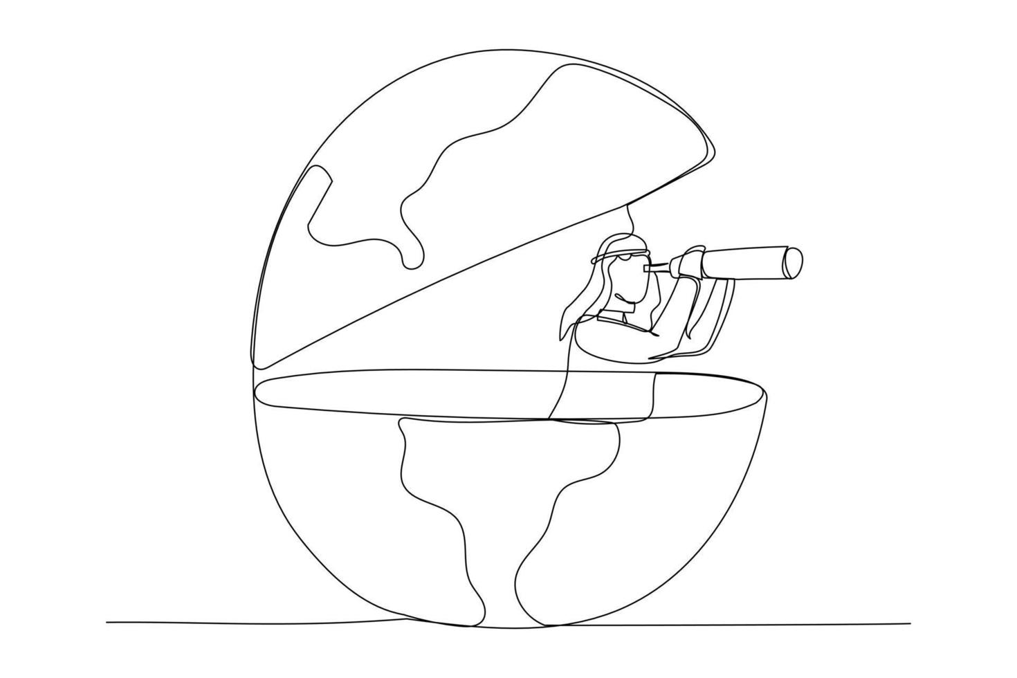 Cartoon of arab businessman open globe using telescope looking for vision to new opportunity. Work or investment, searching for oversea business concept. Single continuous line art style vector