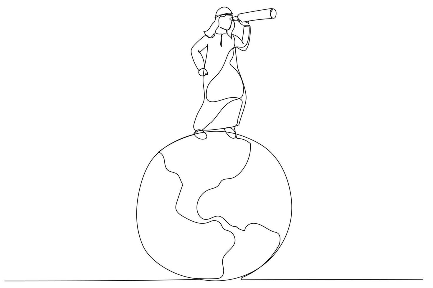 Illustration of arab businessman standing on planet earth globe using telescope search new opportunity. Globalization, global business vision. One line art style vector