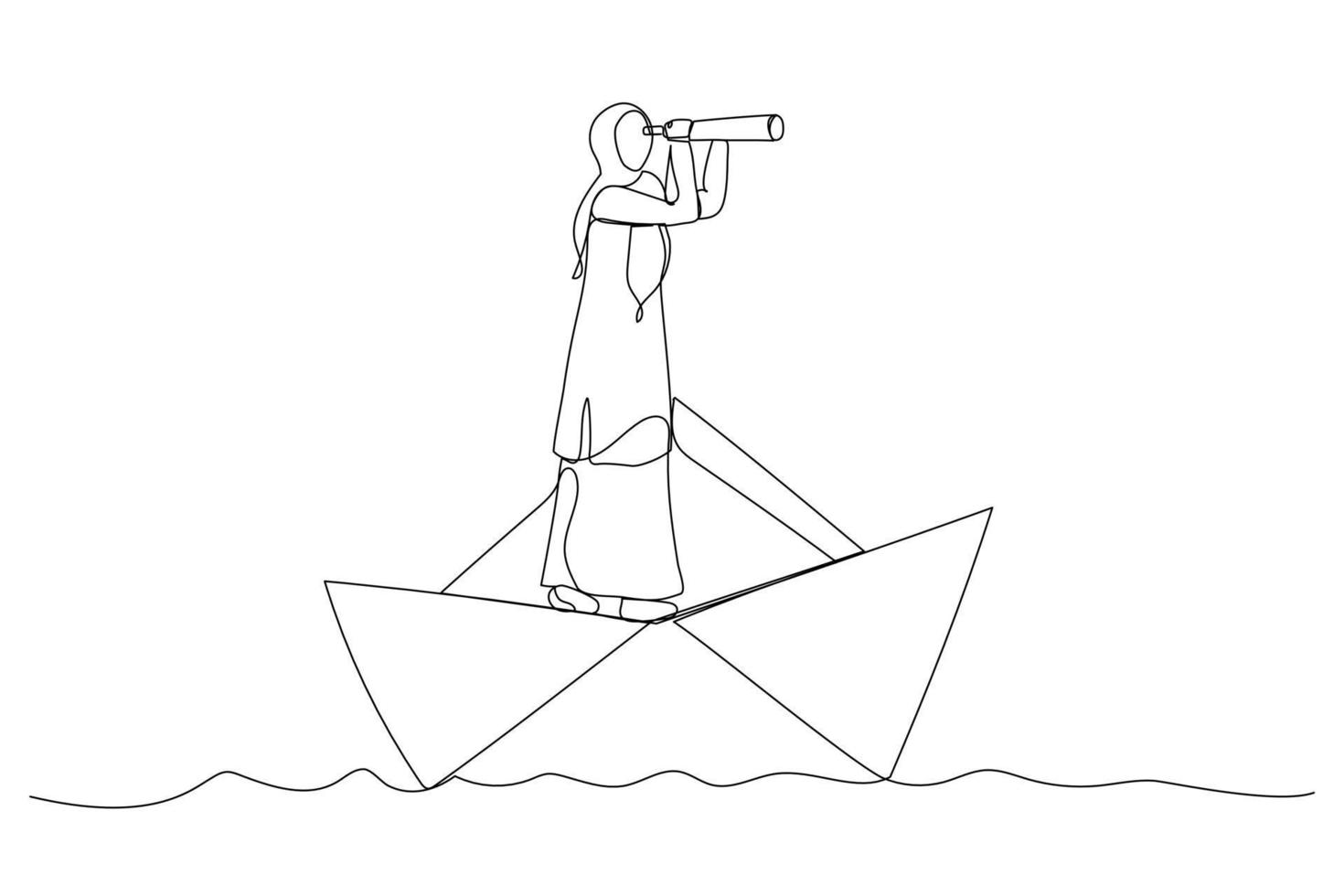 Illustration of muslim businesswoman looks through a telescope standing on paper boat vector, business concept illustration. One continuous line art style vector