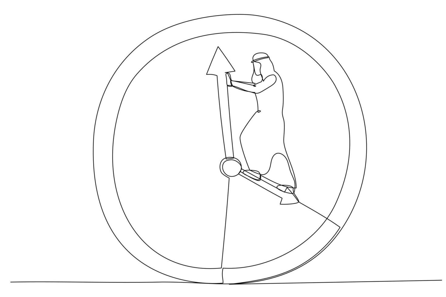 Cartoon of arab businessman standing on clock hour hand manage to push back minute. Turn back time metaphor. Single continuous line art style vector