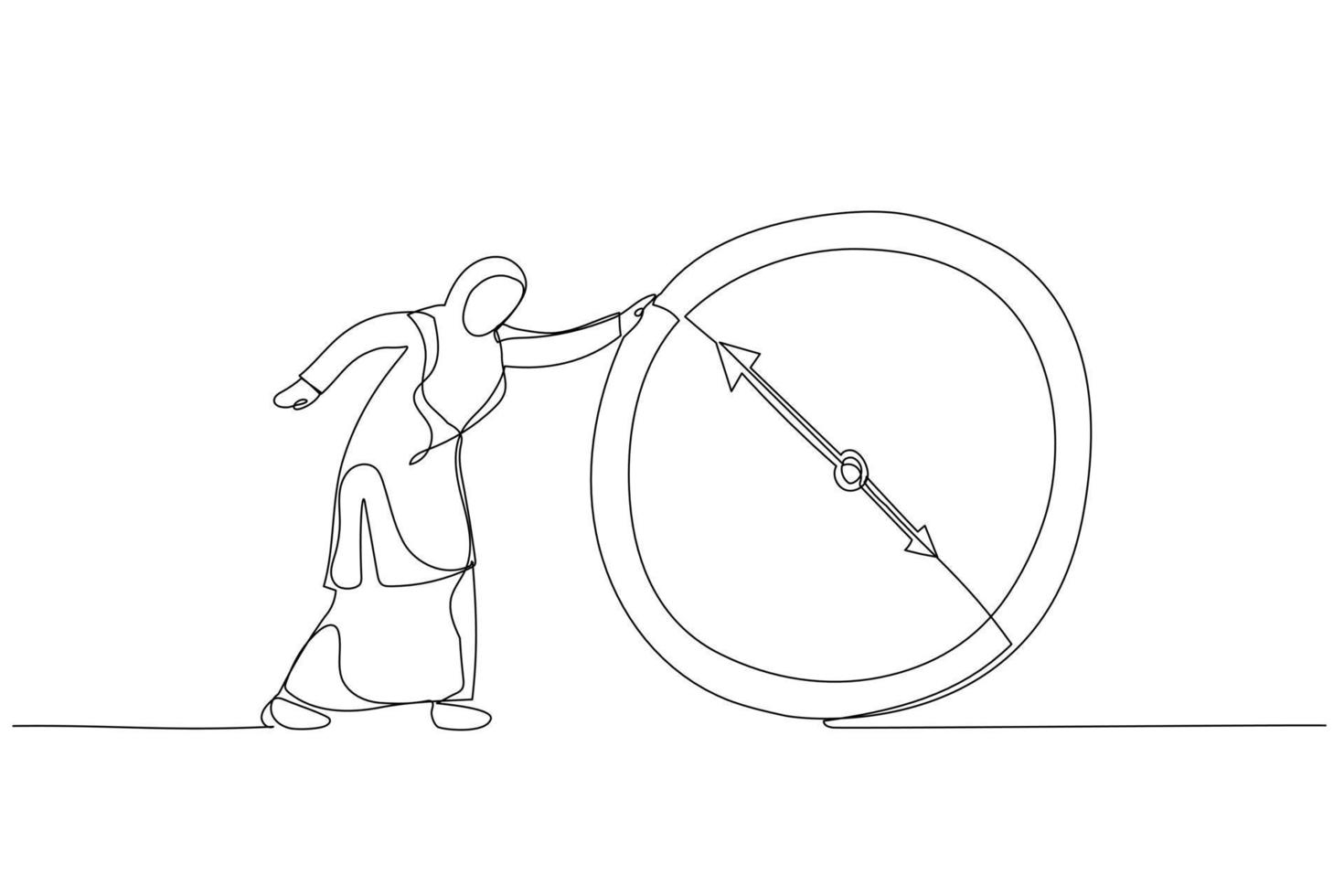 Illustration of muslim businesswoman Running Behind Running Clock. One continuous line art style vector