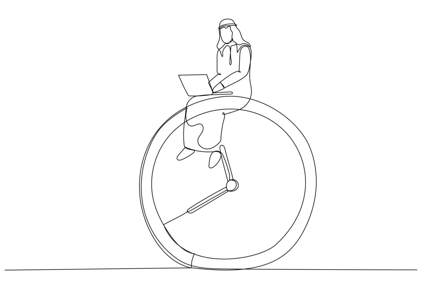 Drawing of arab businessman using computer laptop sitting on clock working. After hours worker, working late overtime concept. Single continuous line art vector