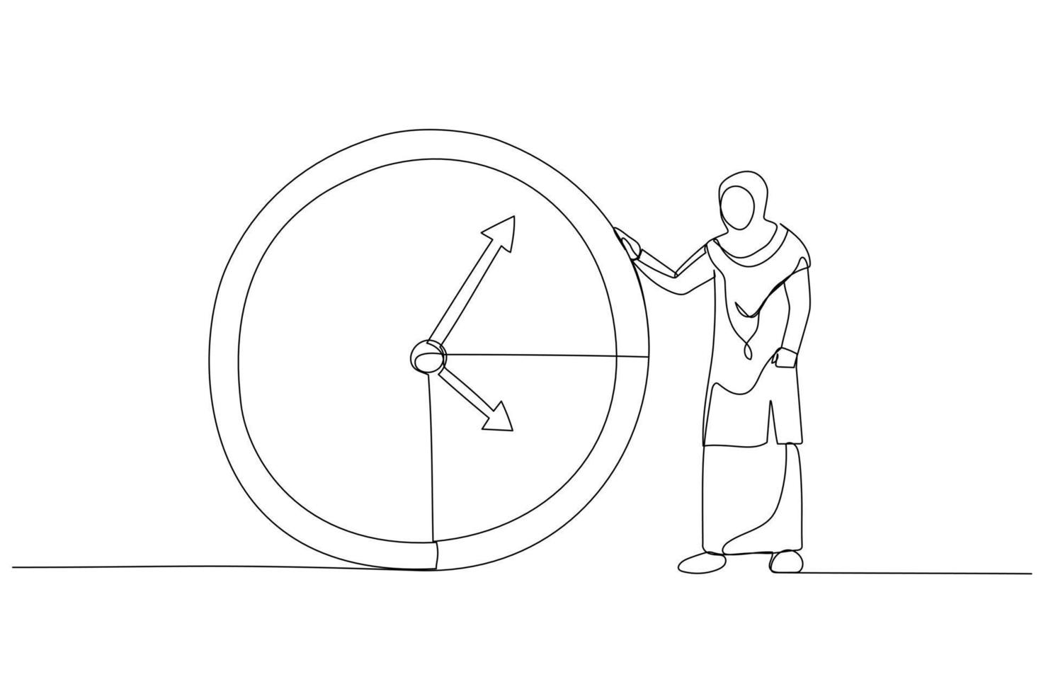 Drawing of muslim businesswoman or manager is standing near a big clock. Time management concept. Single line art style vector