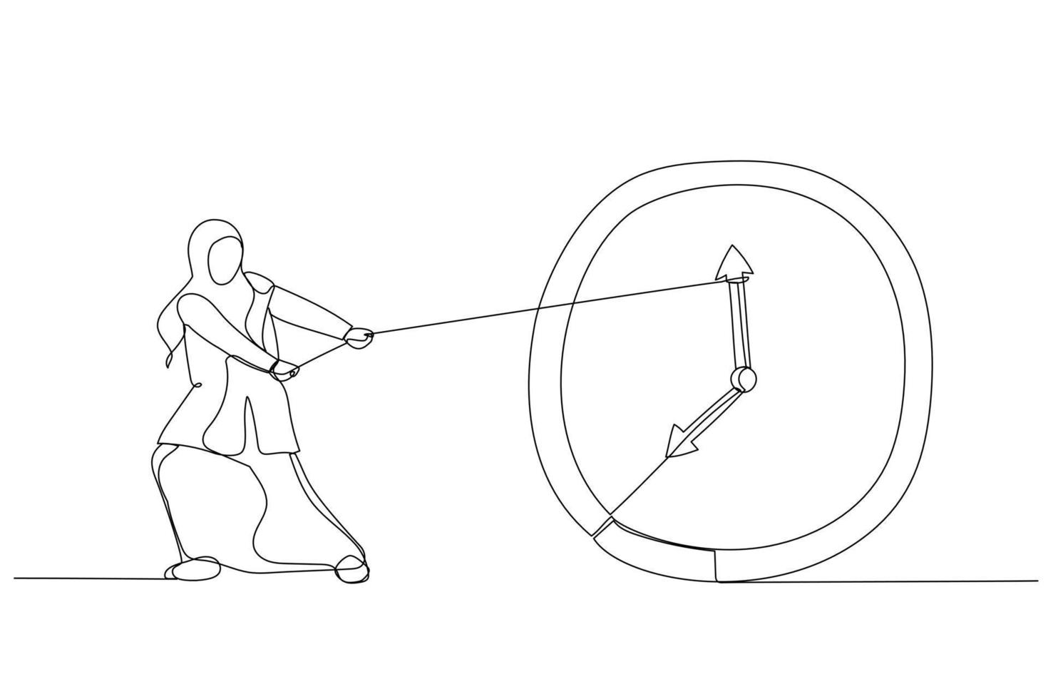dibujo de una mujer de negocios musulmana tratando de reducir la velocidad y detener el tiempo. metáfora del tiempo de parada. estilo de arte de una sola línea vector