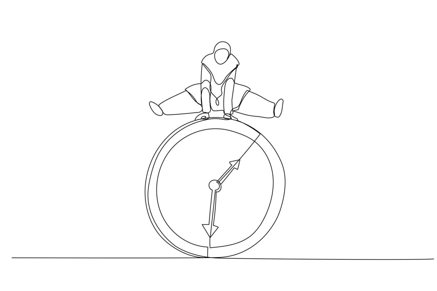 Cartoon of muslim businesswoman employee worker jump over time passing clock. Business deadline or working time efficiency concept. Single continuous line art style vector