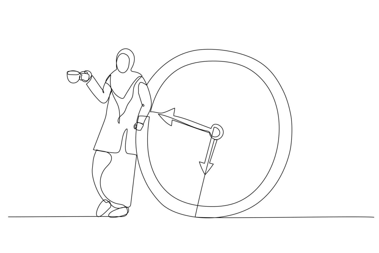 Illustration of relax muslim businesswoman with a cup of coffee or tea with alarm clock. Time to take a break metaphor. One line art style vector