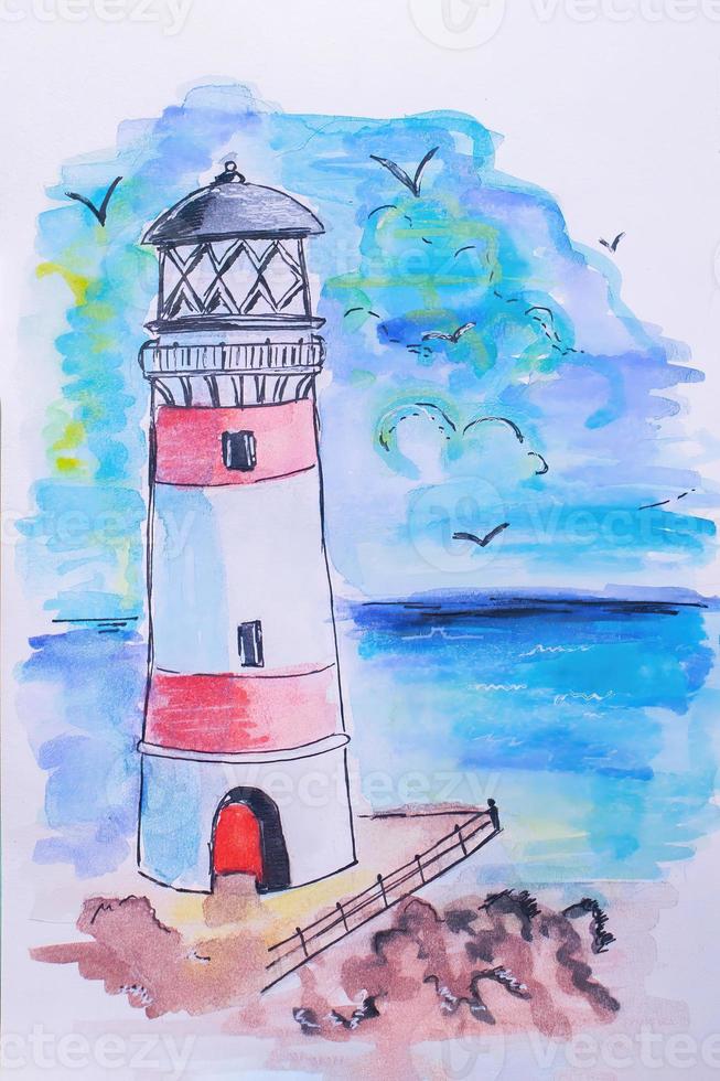 Lighthouse on coast of sea. Hand drawn beacon. Watercolor sketch. photo