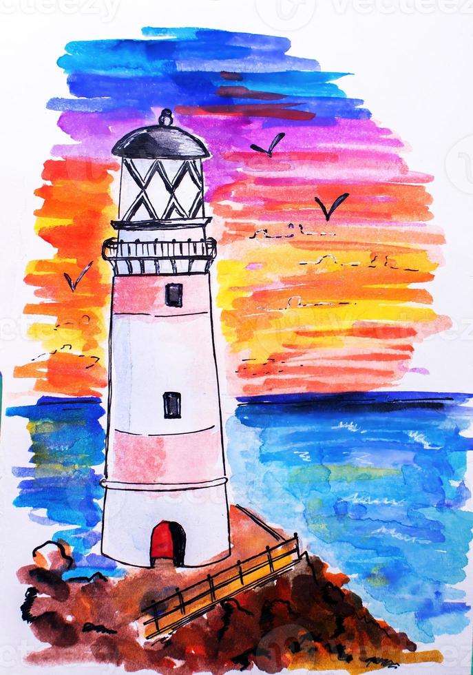 Lighthouse on coast of sea. Hand drawn beacon. Sketch. photo