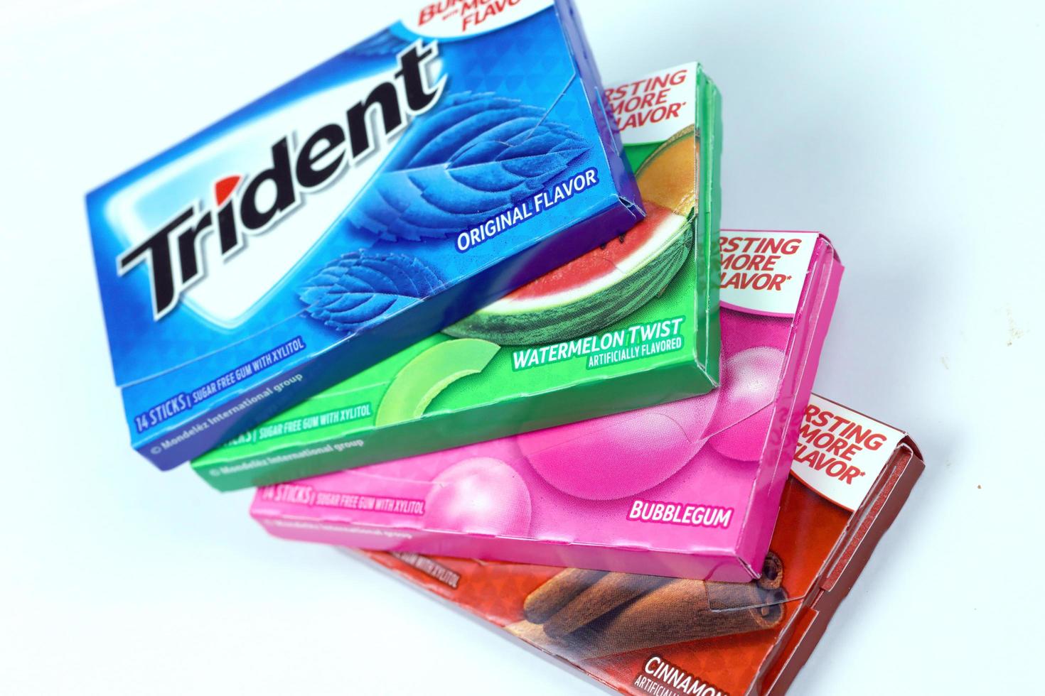 Ternopil, Ukraine - May 8, 2022 Packs of Trident gums. Trident was introduced in 1964 as one of the first patented sugarless gums photo