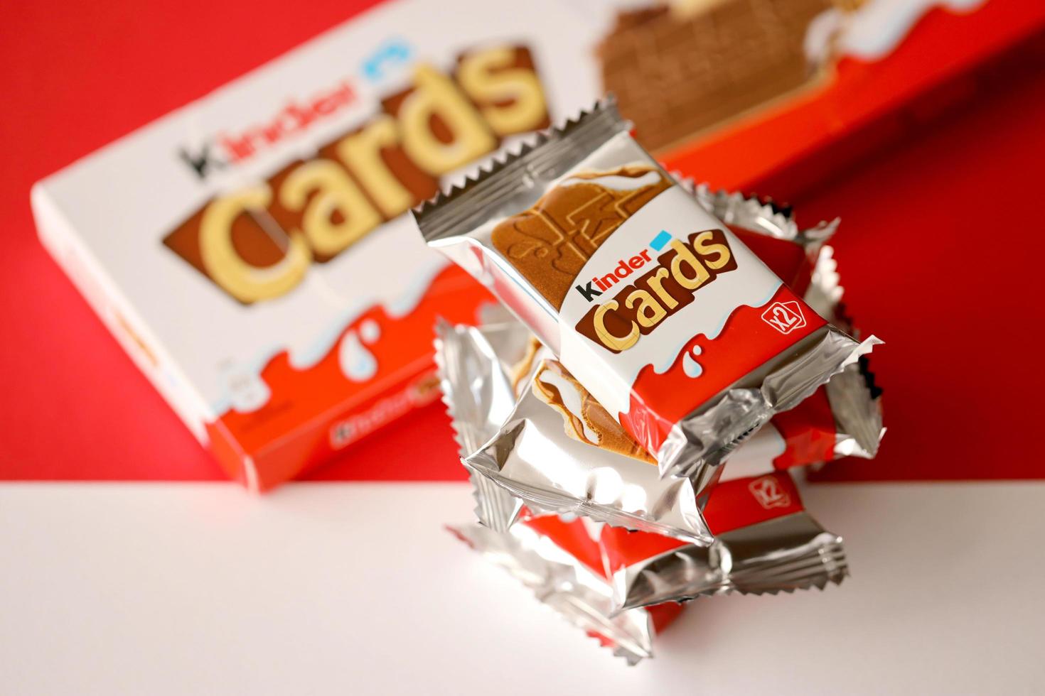 Ternopil, Ukraine - May 8, 2022 Kinder Chocolate Cards product pack. Kinder is a confectionery product brand line of multinational confectionery Ferrero. photo
