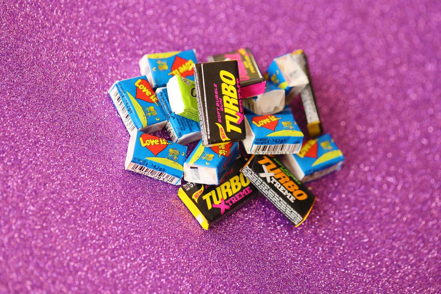 Ternopil, Ukraine - May 8, 2022 Turkish retro chewing gums Turbo extreme and Love is with nostalgic design from 80s photo