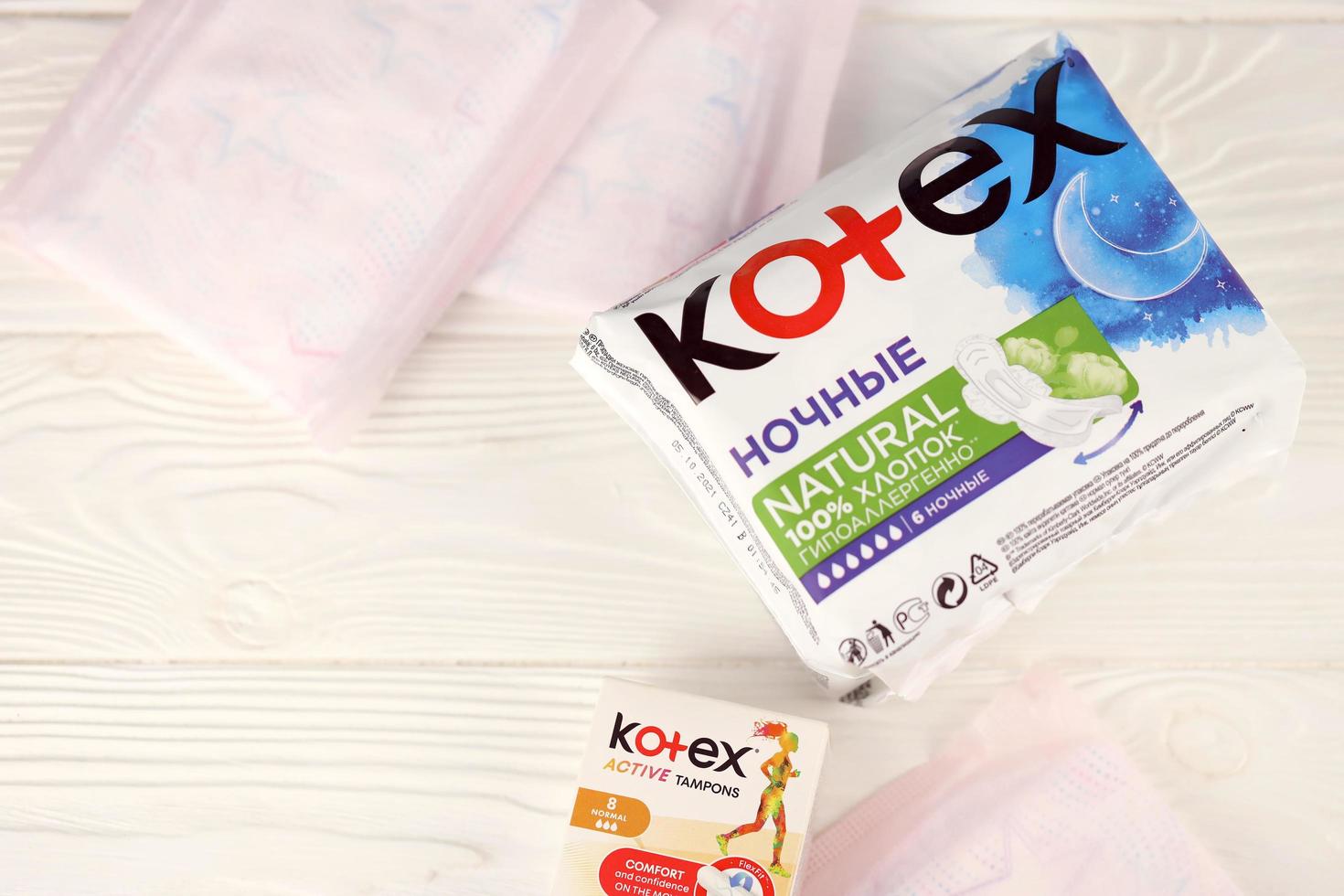 Ternopil, Ukraine - April 24, 2022 Kotex production with logo. Kotex is a brand of feminine hygiene products, includes maxi, thin and ultra thin pads. photo