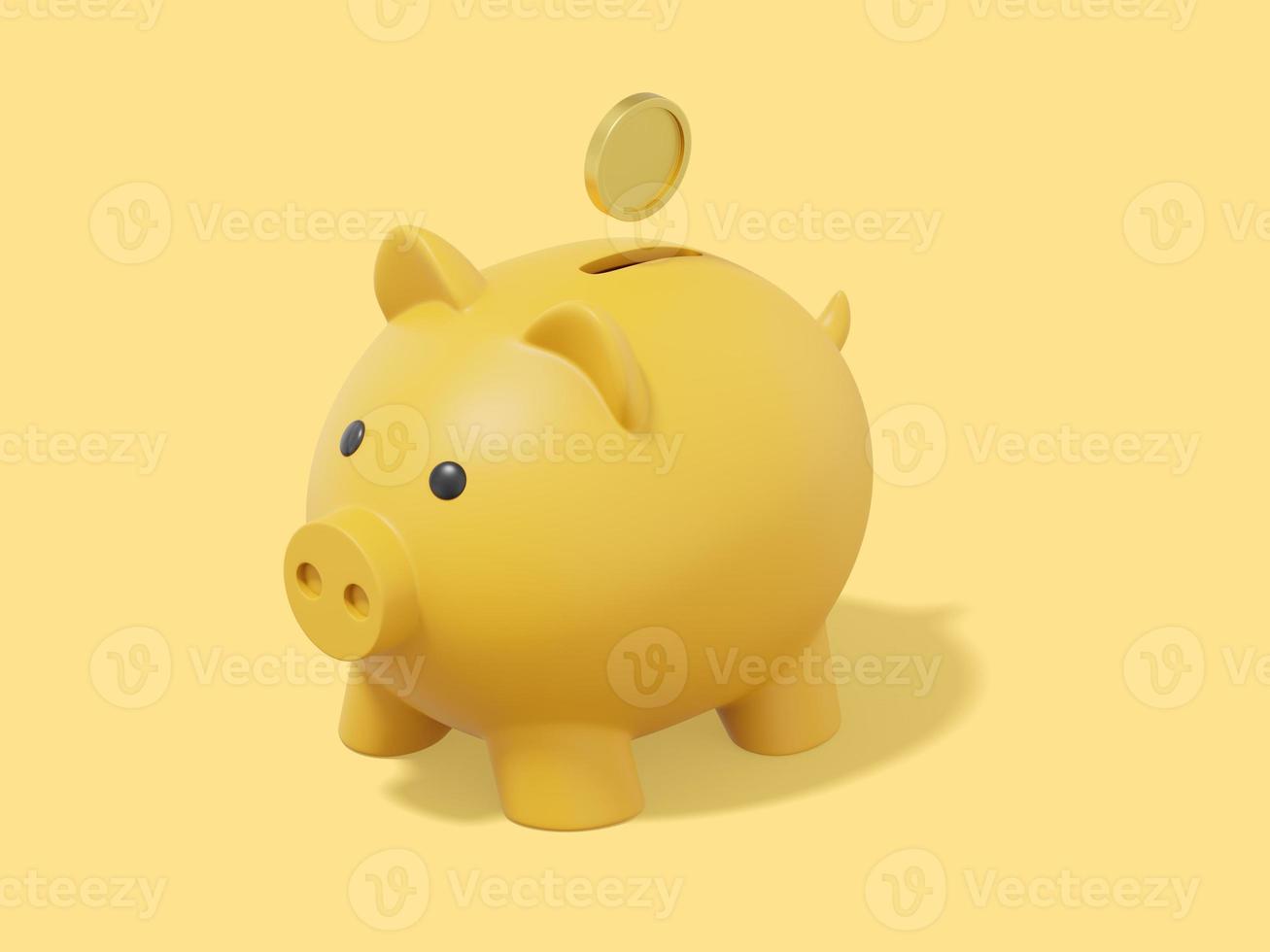 Accumulation of savings icon. 3D rendering. Yellow piggy bank with falling coins on yellow background. photo