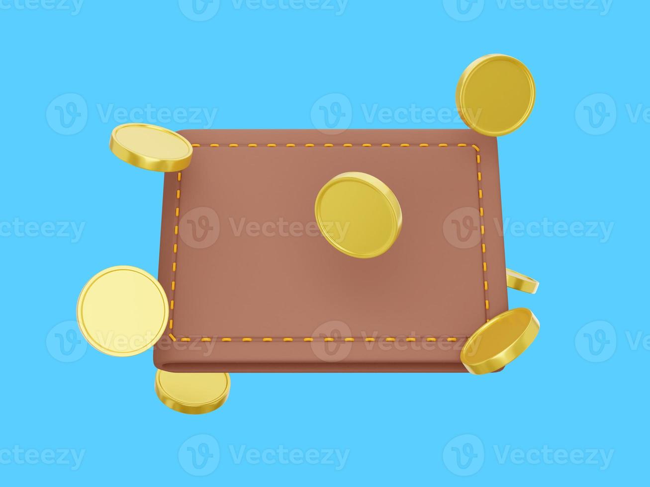 Icon savings, enrichment. Payment concept. Closed wallet with flying coins on blue background. 3d rendering. photo