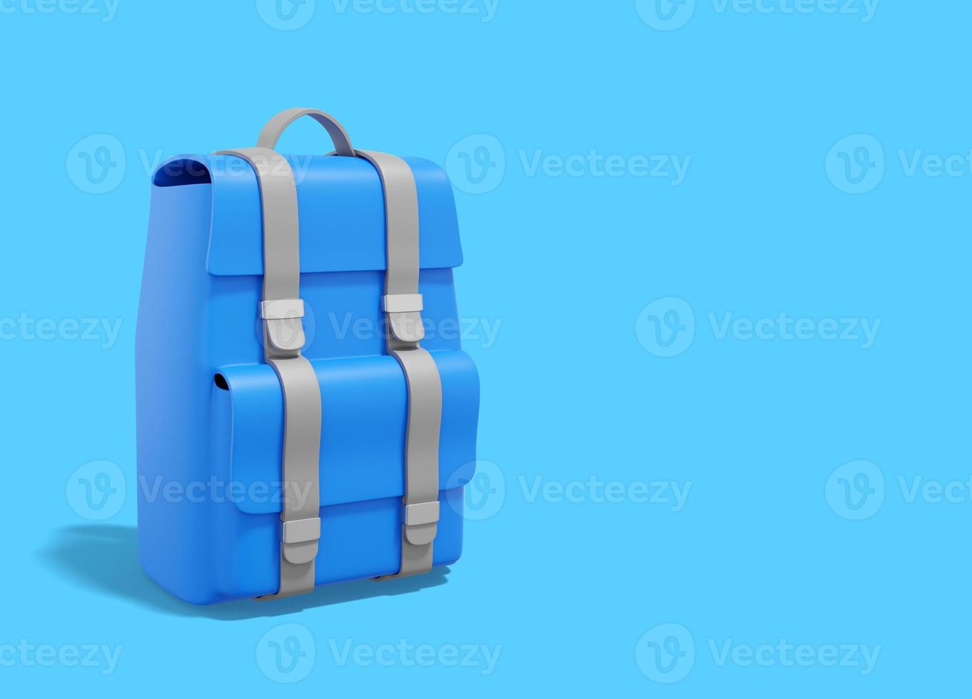 3d rendering. Realistic blue tourist city backpack on blue background with space for text. Travel luggage. photo