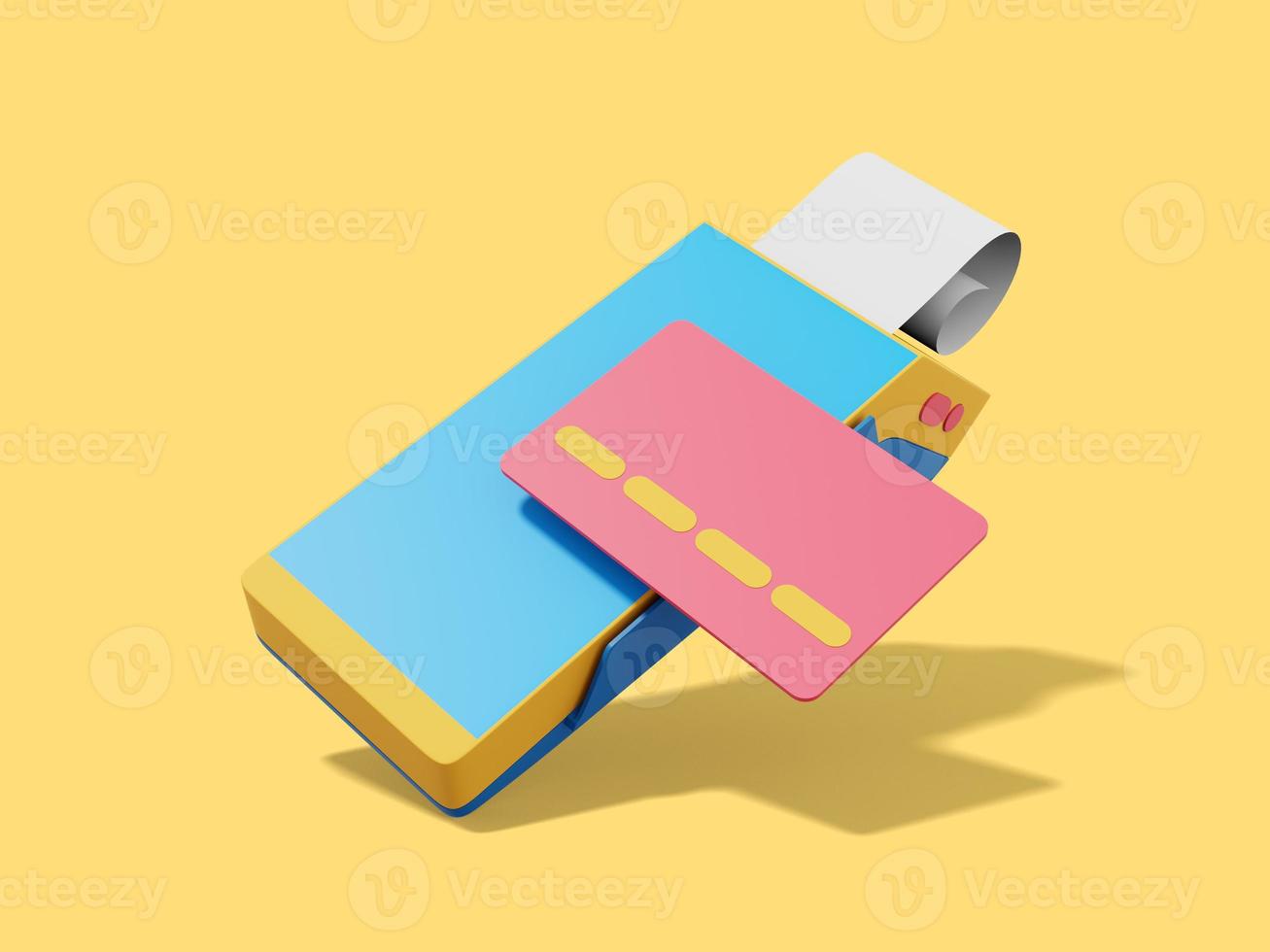 Modern machine for cashless payment. Colorful POS terminal with credit card and check. Device for NFC pay. 3D rendering on the yellow background. photo