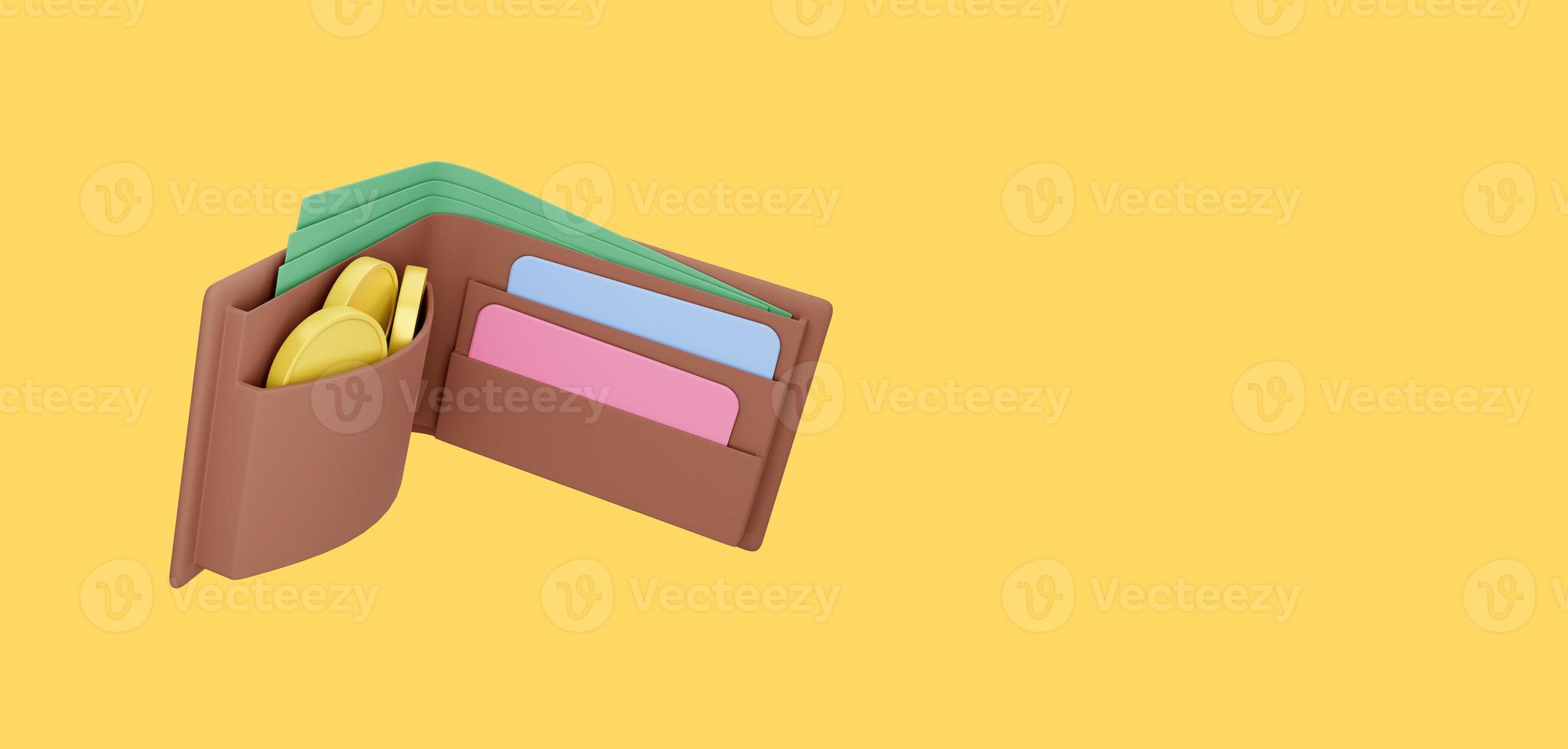 Open wallet with coins, bills and credit cards floating on yellow background, space for text banner. 3d rendering photo