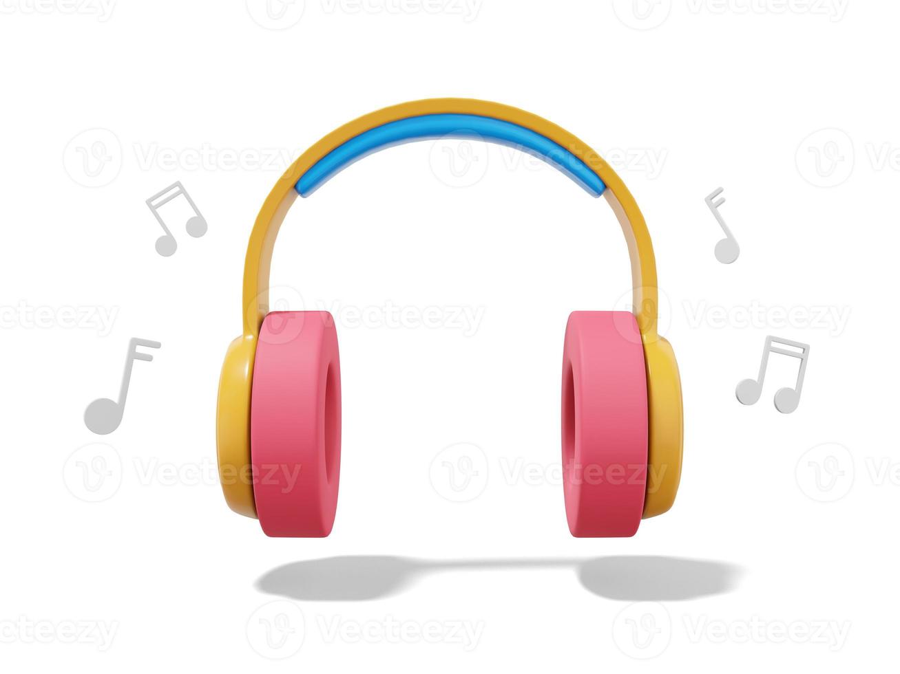 3d rendering. Multicolored headphones with music notes on white background. Front view. photo