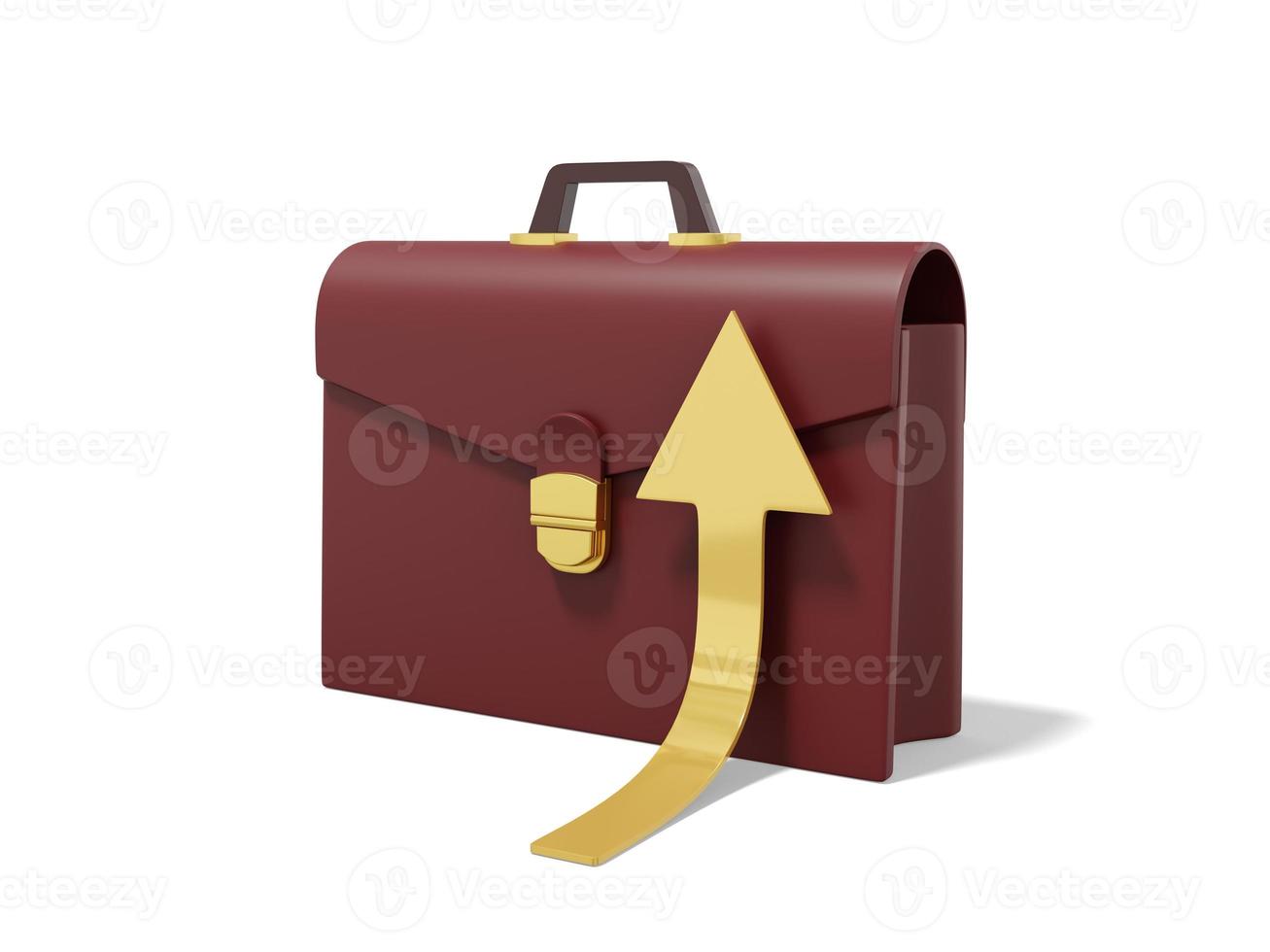 Brown briefcase with rising golden arrow on white background. Portfolio icon. 3D rendering. photo