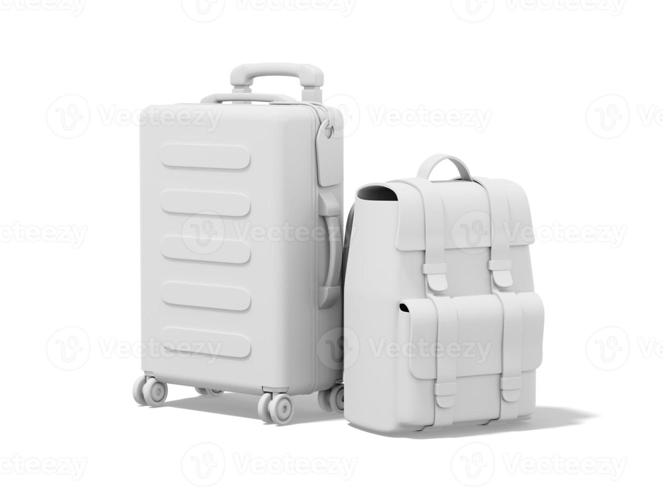 3d rendering. White suitcase and tourist backpack on white background. photo