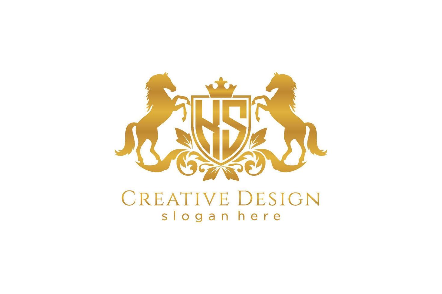 initial KS Retro golden crest with shield and two horses, badge template with scrolls and royal crown - perfect for luxurious branding projects vector