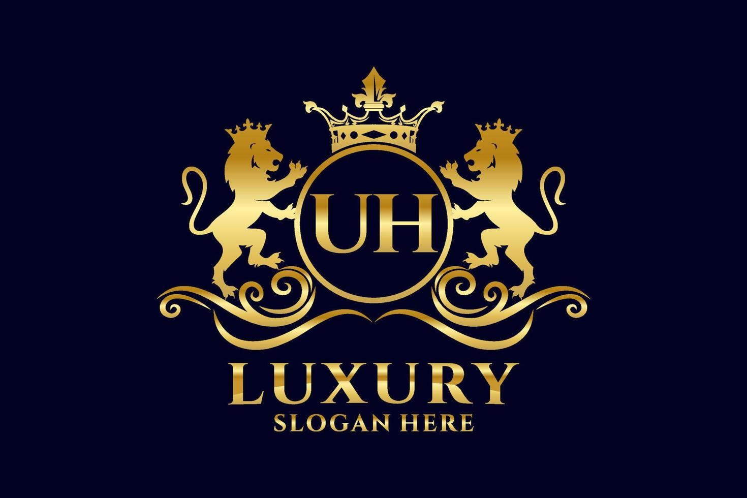 Initial UH Letter Lion Royal Luxury Logo template in vector art for luxurious branding projects and other vector illustration.