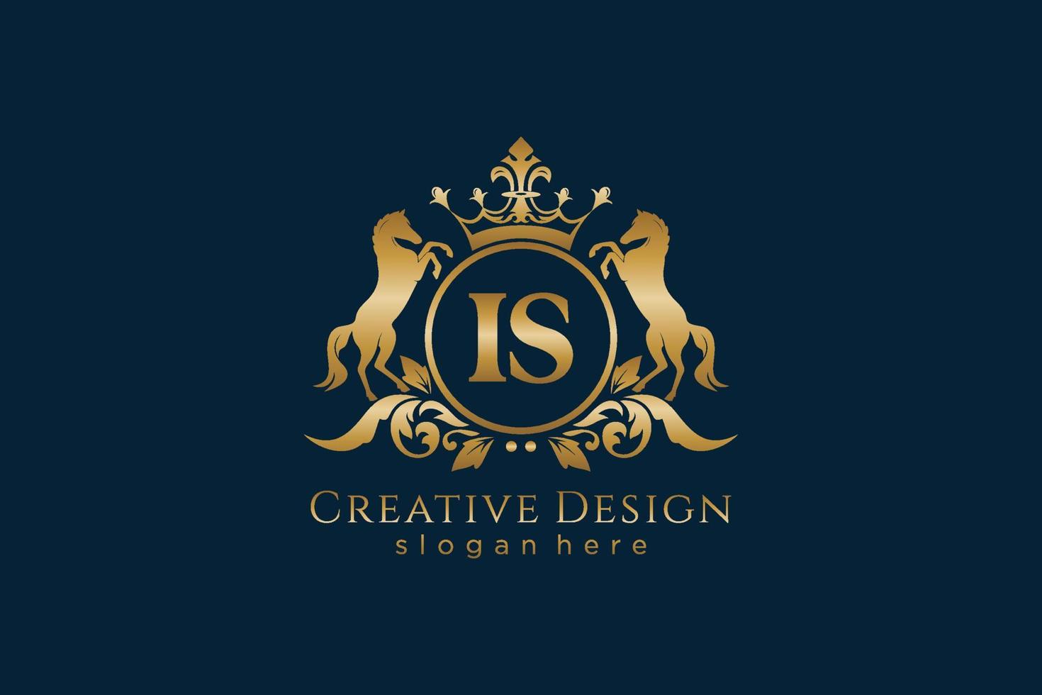 initial IS Retro golden crest with circle and two horses, badge template with scrolls and royal crown - perfect for luxurious branding projects vector