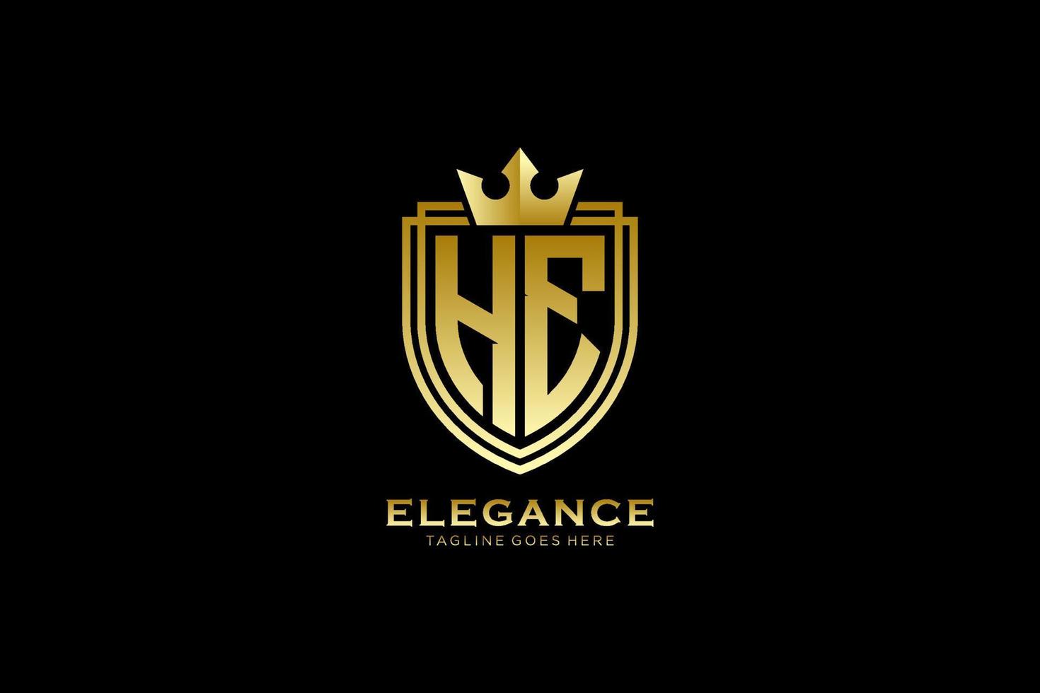 initial HE elegant luxury monogram logo or badge template with scrolls and royal crown - perfect for luxurious branding projects vector