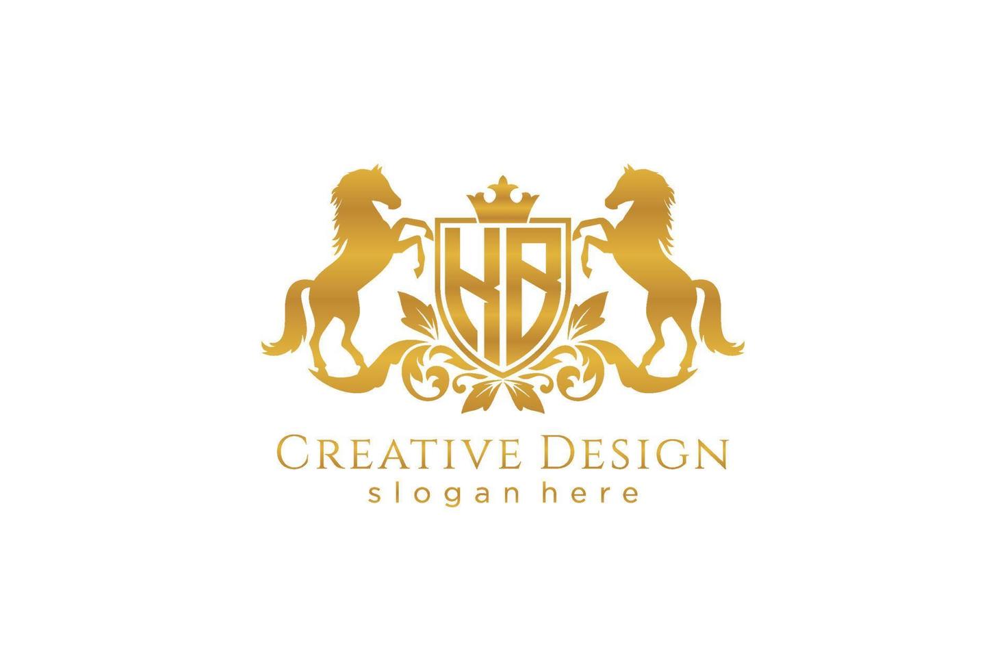 initial KB Retro golden crest with shield and two horses, badge template with scrolls and royal crown - perfect for luxurious branding projects vector