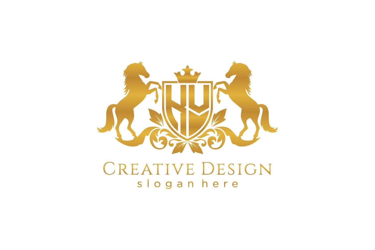 initial KV Retro golden crest with shield and two horses, badge template with scrolls and royal crown - perfect for luxurious branding projects vector