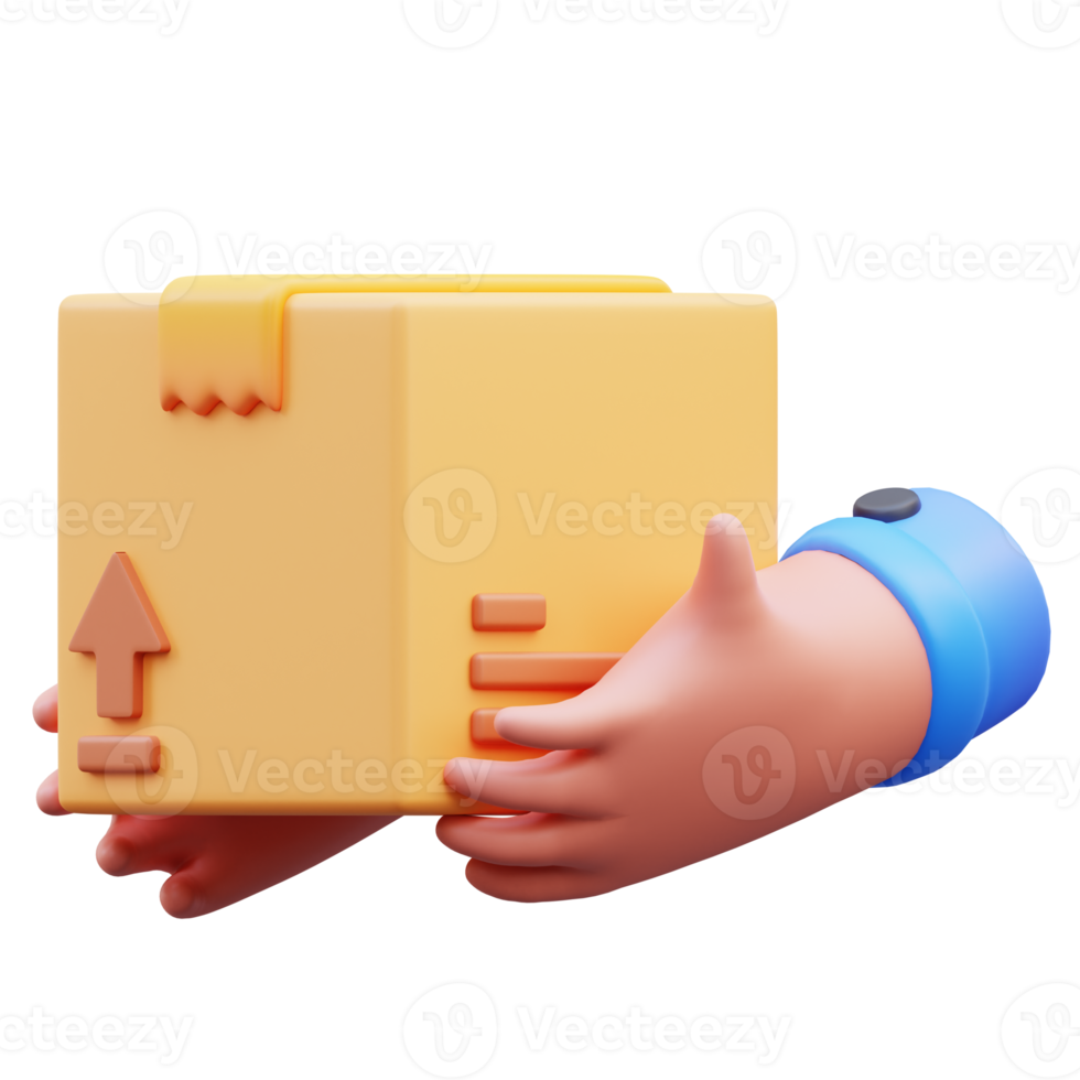 manos cargando paquetes de cartón, ilustración de representación 3d png