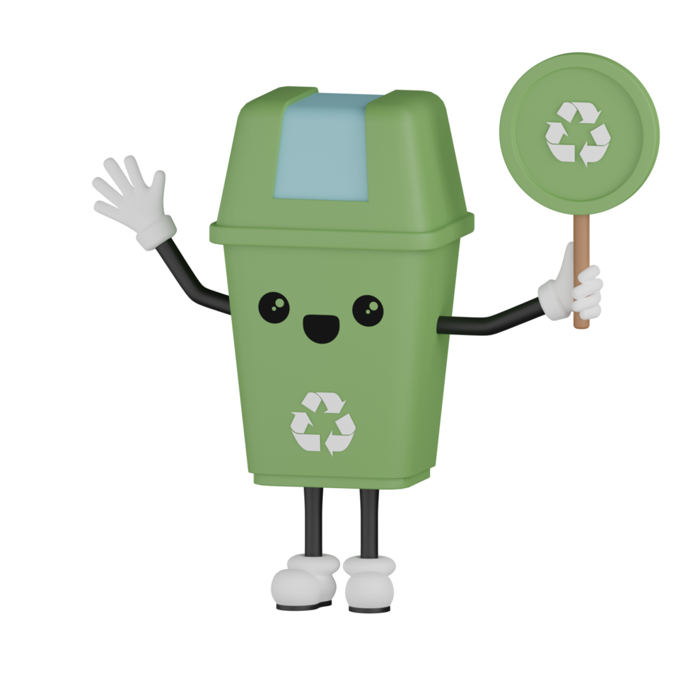 3D Isolated Green Trash Can Cartoon Character png