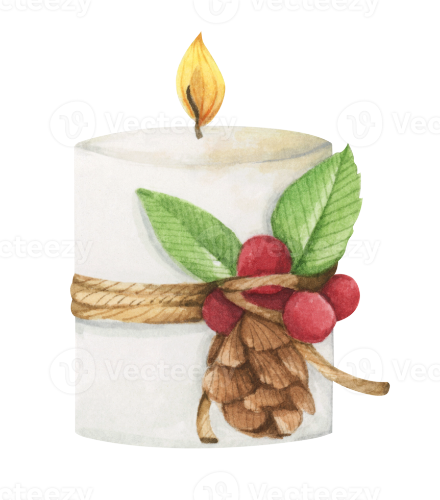 Lighting Christmas candle. Watercolor illustration. png