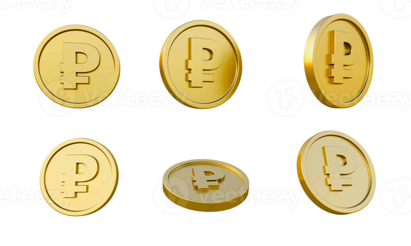 Set of gold coins with russian ruble currency sign or symbol 3d illustration, minimal 3d render. png