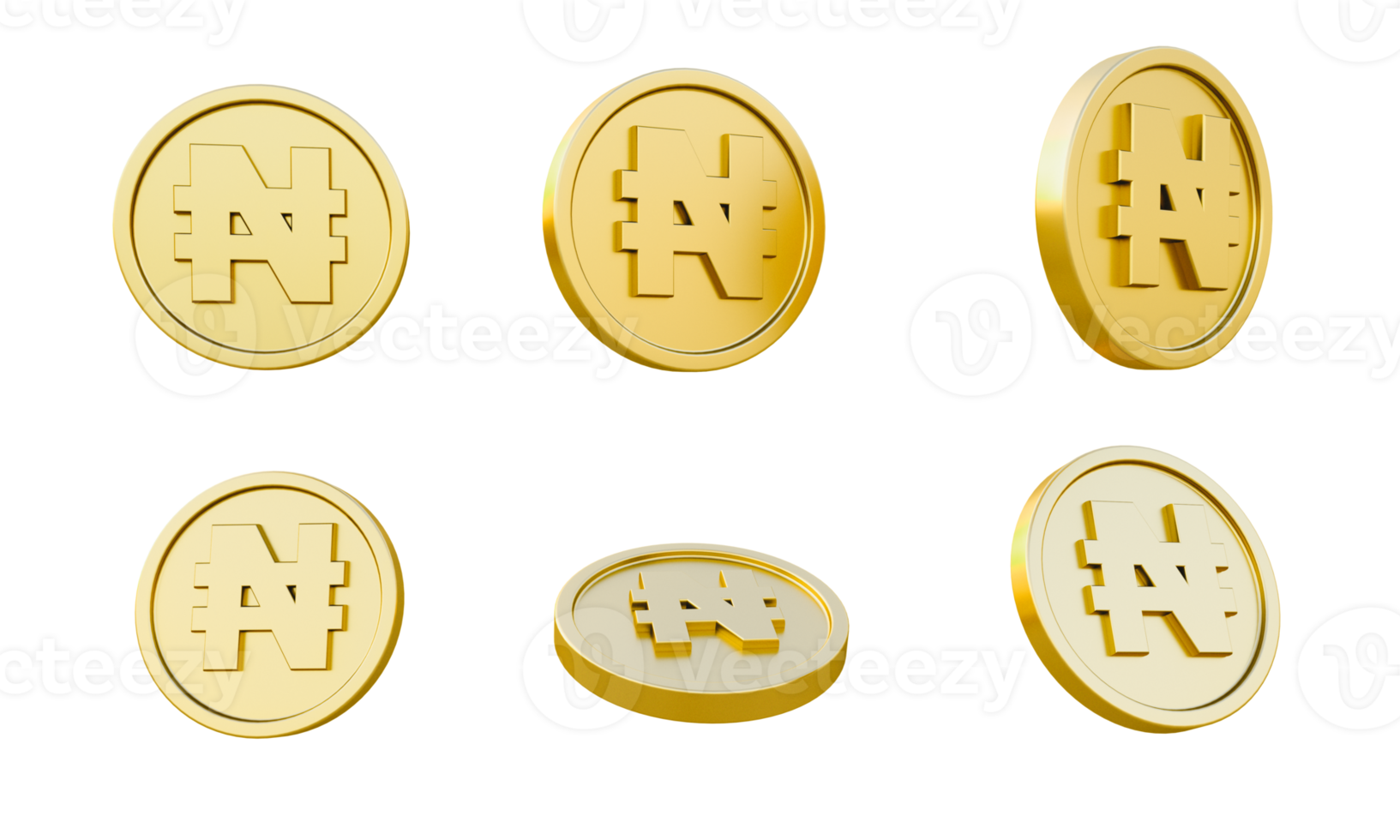 Set of gold coins with Naira currency sign or symbol 3d illustration, minimal 3d render. png