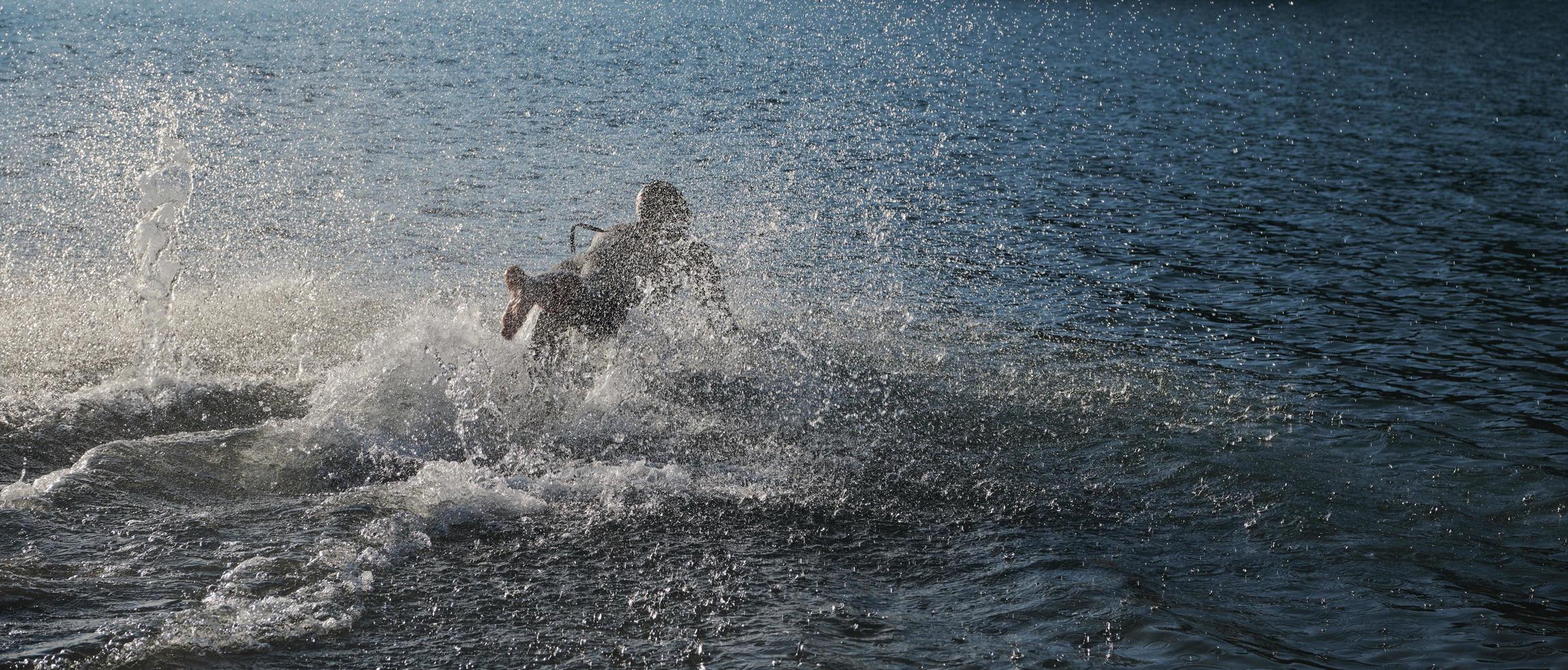 triathlon athlete starting swimming training on lake photo