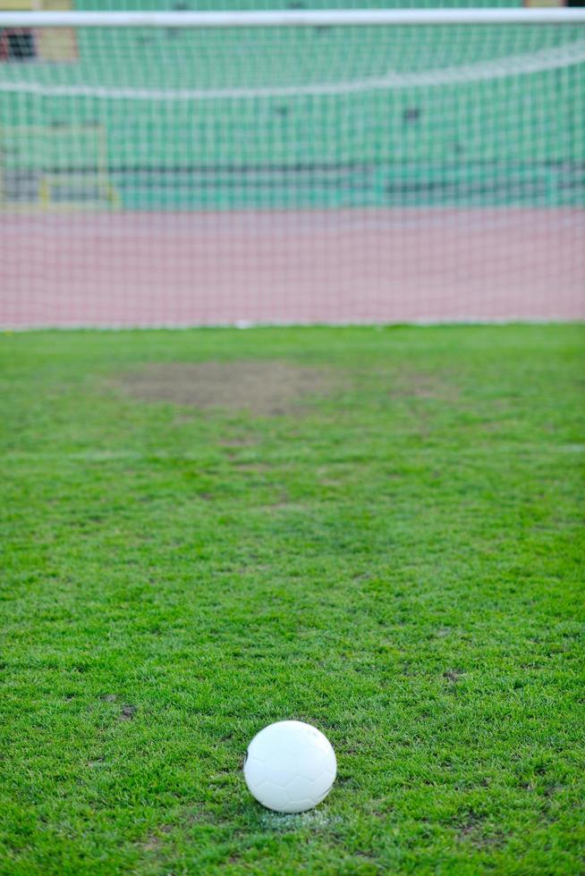 Soccer ball on grass at goal and stadium in background photo