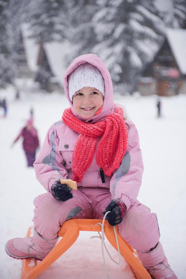 little girl sitting on sledges photo