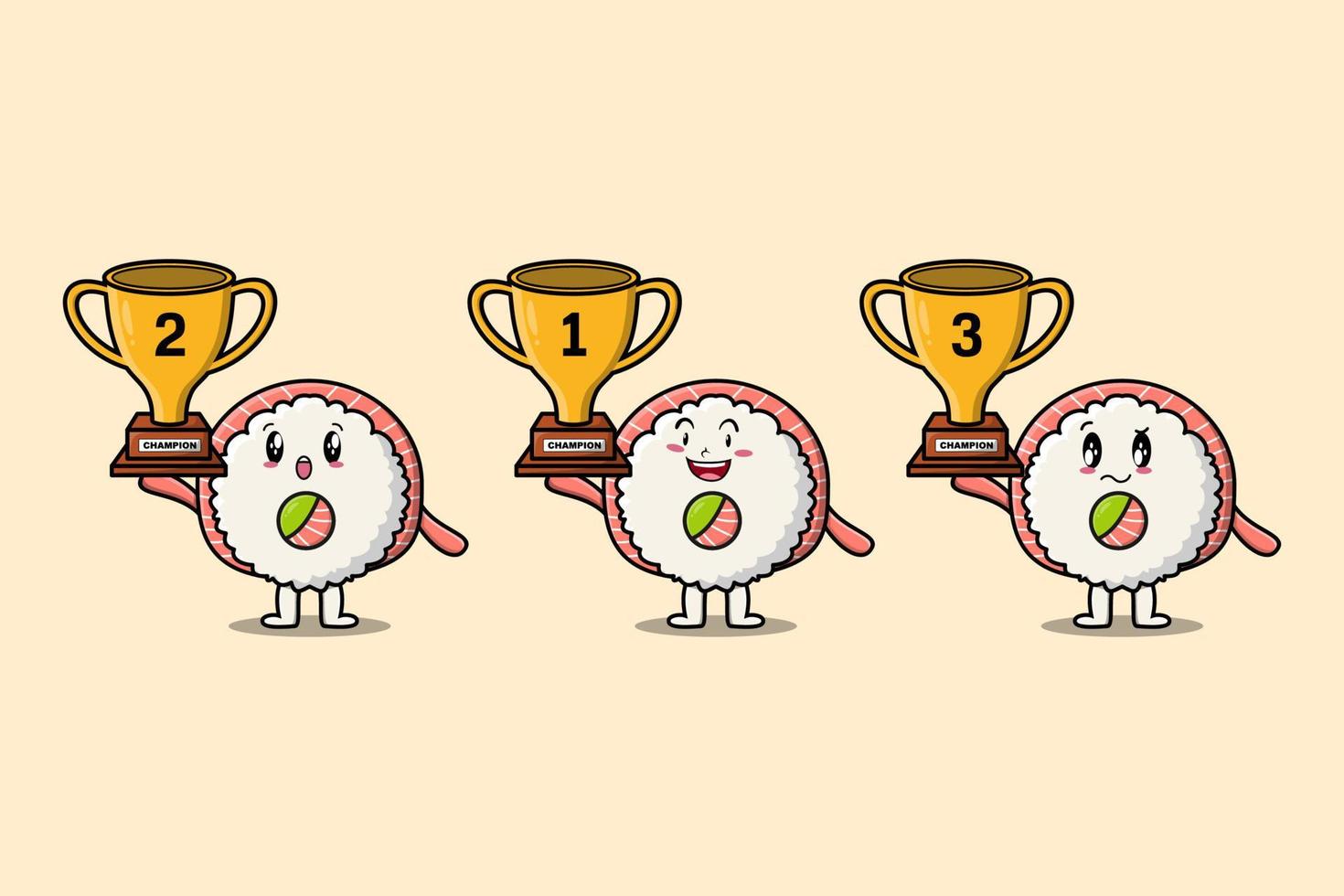 cartoon Rice sushi rolls sashimi holding trophy vector