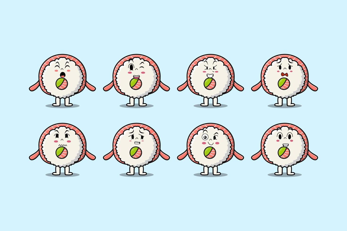 Set kawaii Rice sushi rolls sashimi cartoon vector