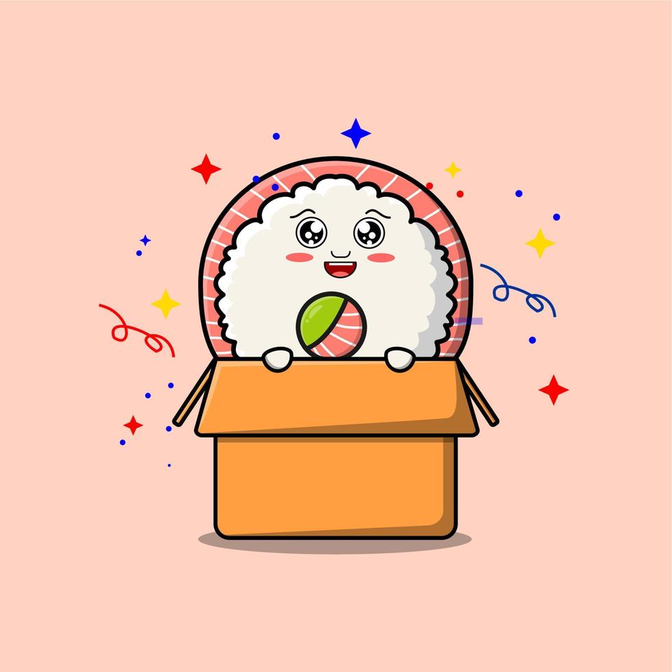 Cute cartoon sushi character coming out from box vector