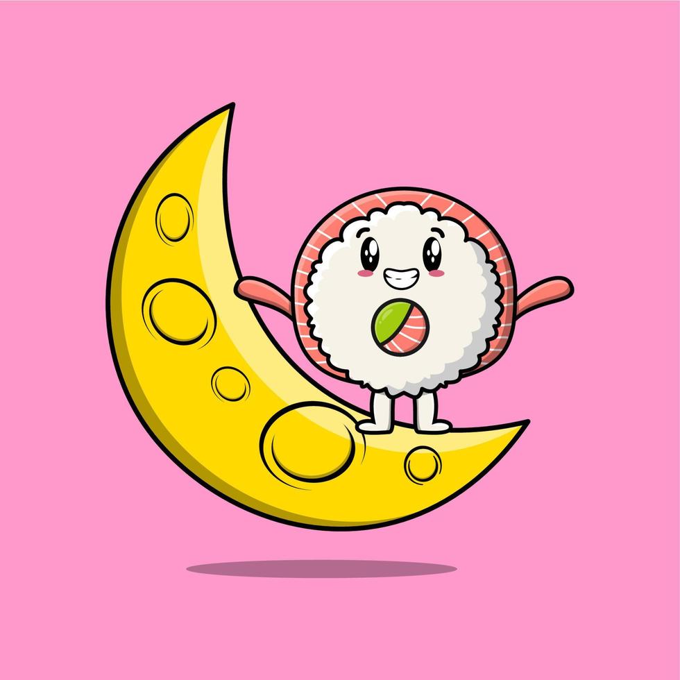 lindo sushi de dibujos animados de pie en la luna creciente vector