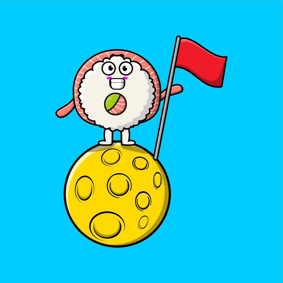 Cute cartoon Sushi standing on the moon with flag vector