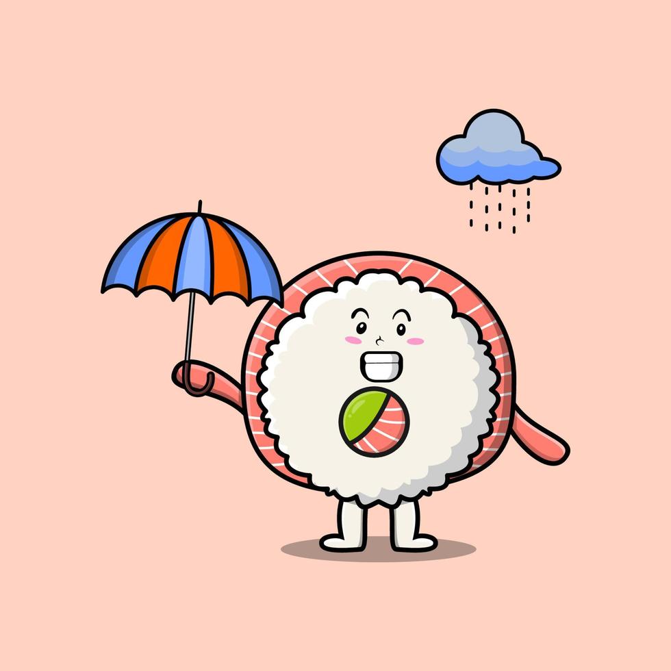 lindo sushi de dibujos animados bajo la lluvia y usando paraguas vector