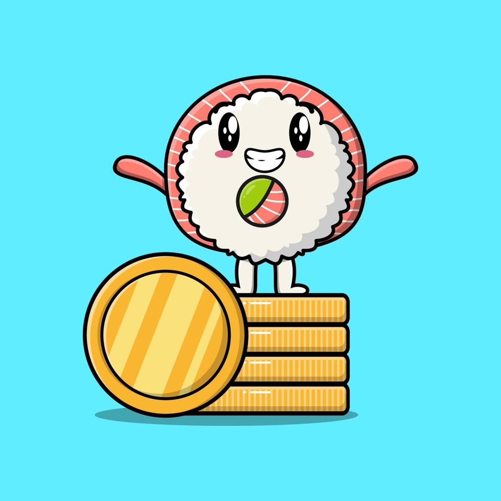 lindo sushi de dibujos animados de pie en una moneda de oro apilada vector