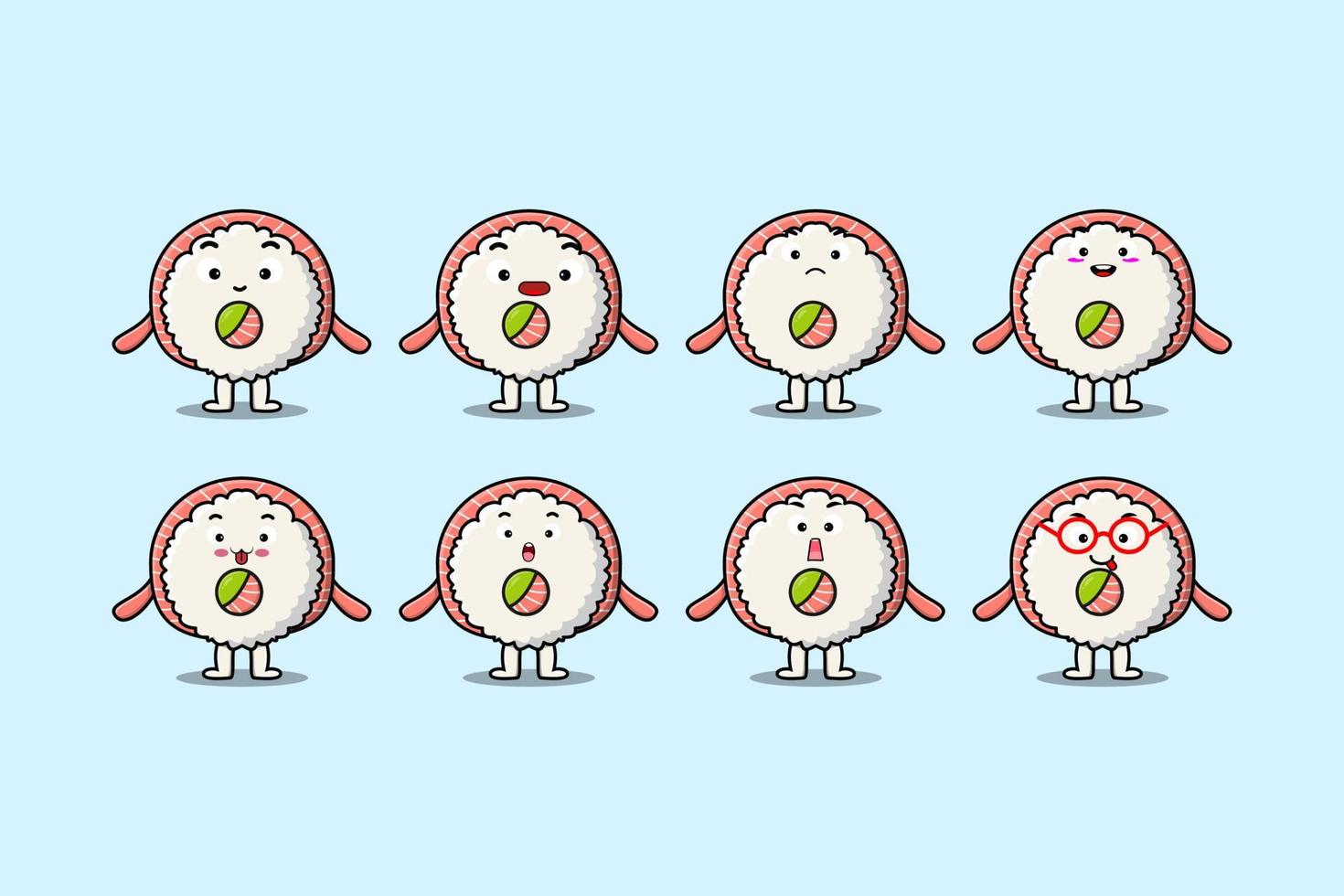 Set kawaii Rice sushi rolls sashimi cartoon vector